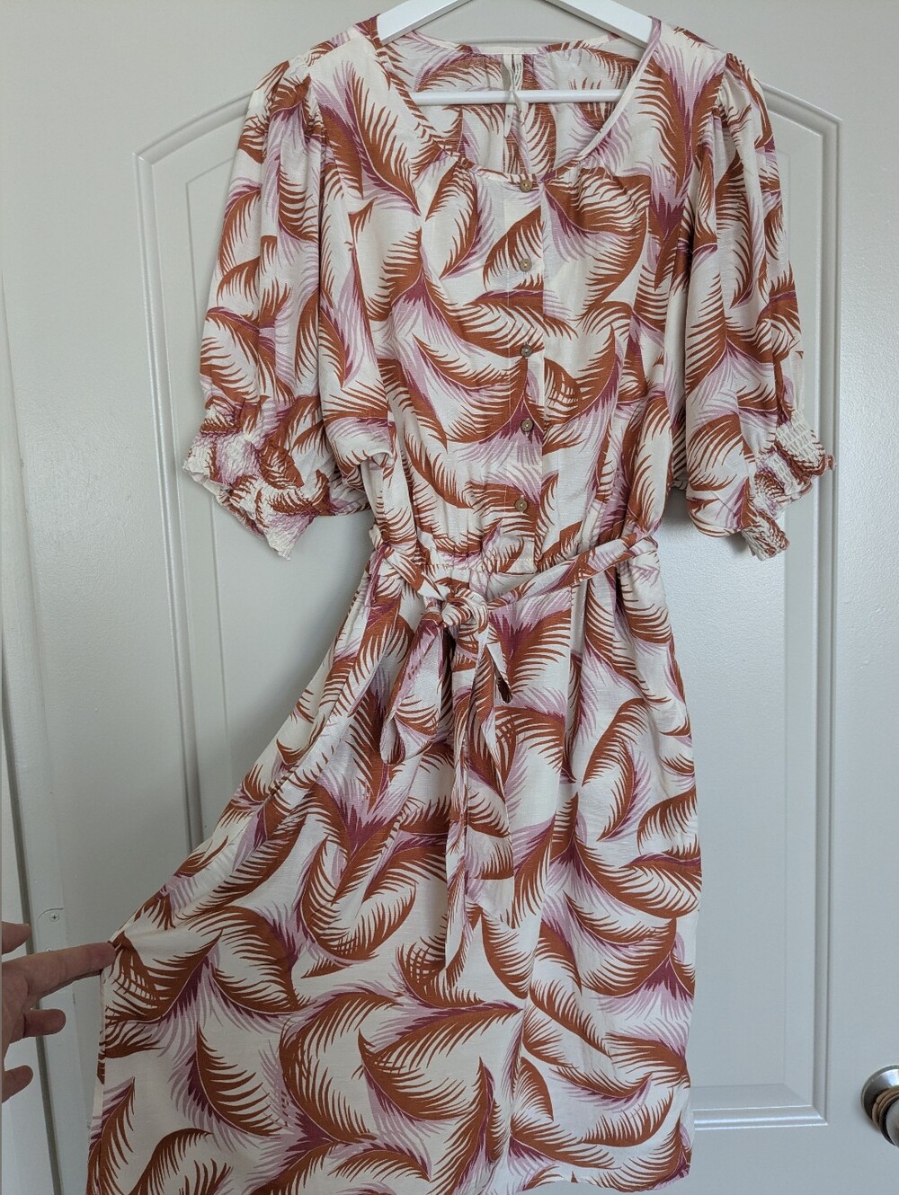 By Anthropologie palm-leaf print midi dress, size M.